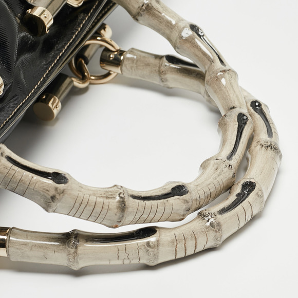 GUCCI Black/Gun Metal Coated Fabric and Patent Leather Pop Bamboo Handle Tote - Picture 6 of 8